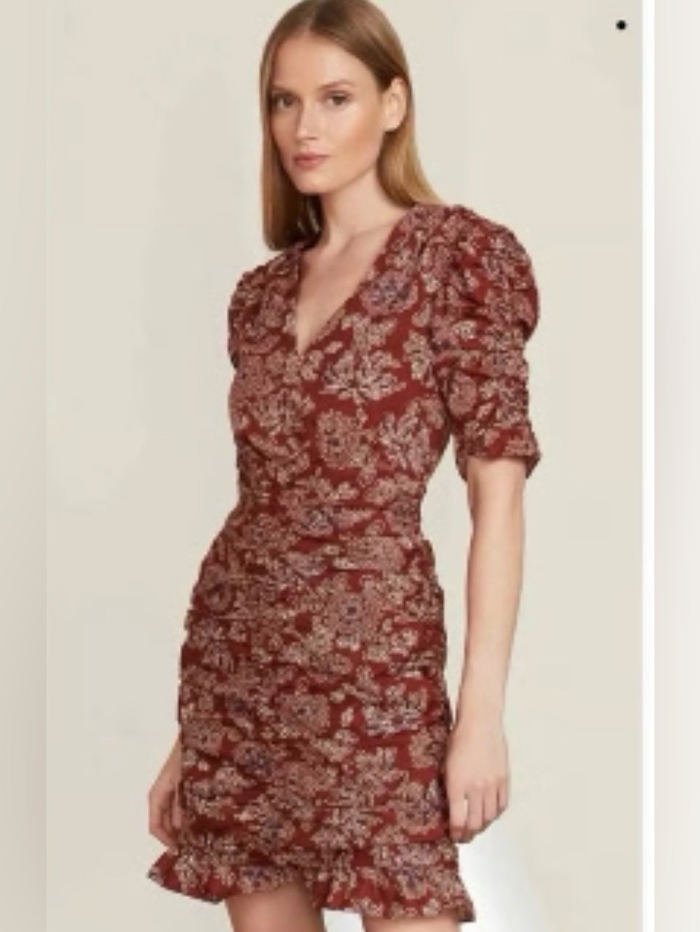 Veronica Beard Cotton Rust Floral Ruched V-Neck Women’s Dress Size 6